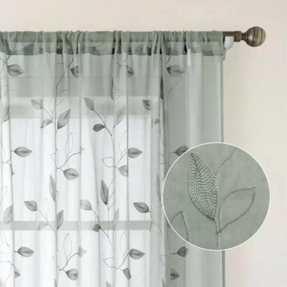 Sage Green Sheer Curtains 52 X 84 Inches Long 2 Panels Embroidered Leaf Pattern